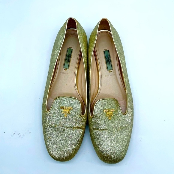 Prada Shoes - Prada Gold Glitter logo embellished Leather loafer flats EU 39